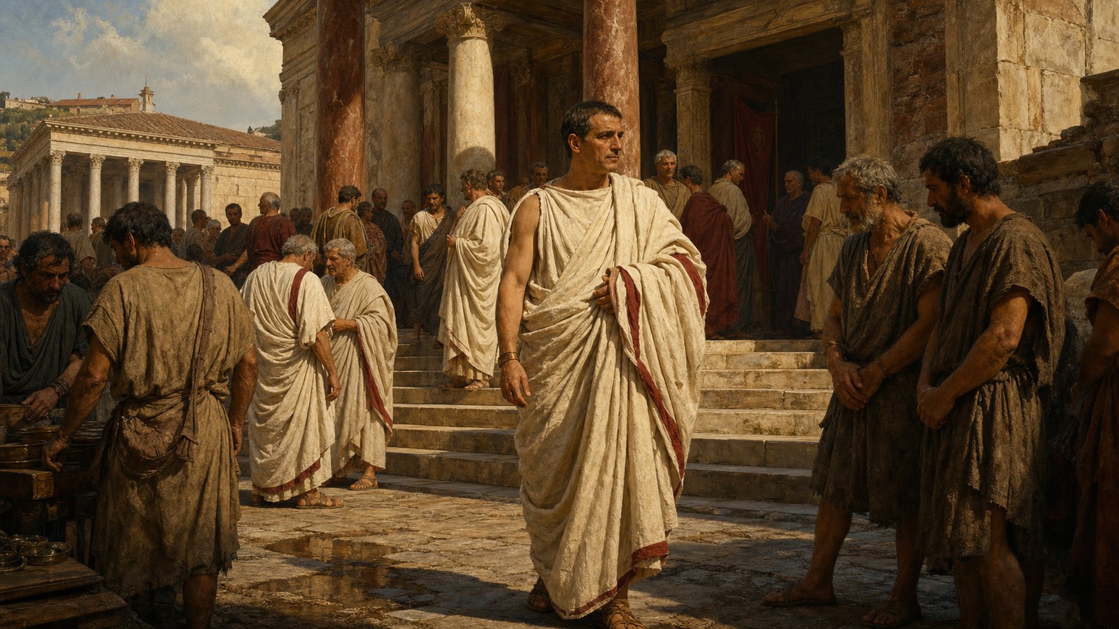 The toga changed a court entrance before anyone spoke: formal wool separated civic display from ordinary movement.