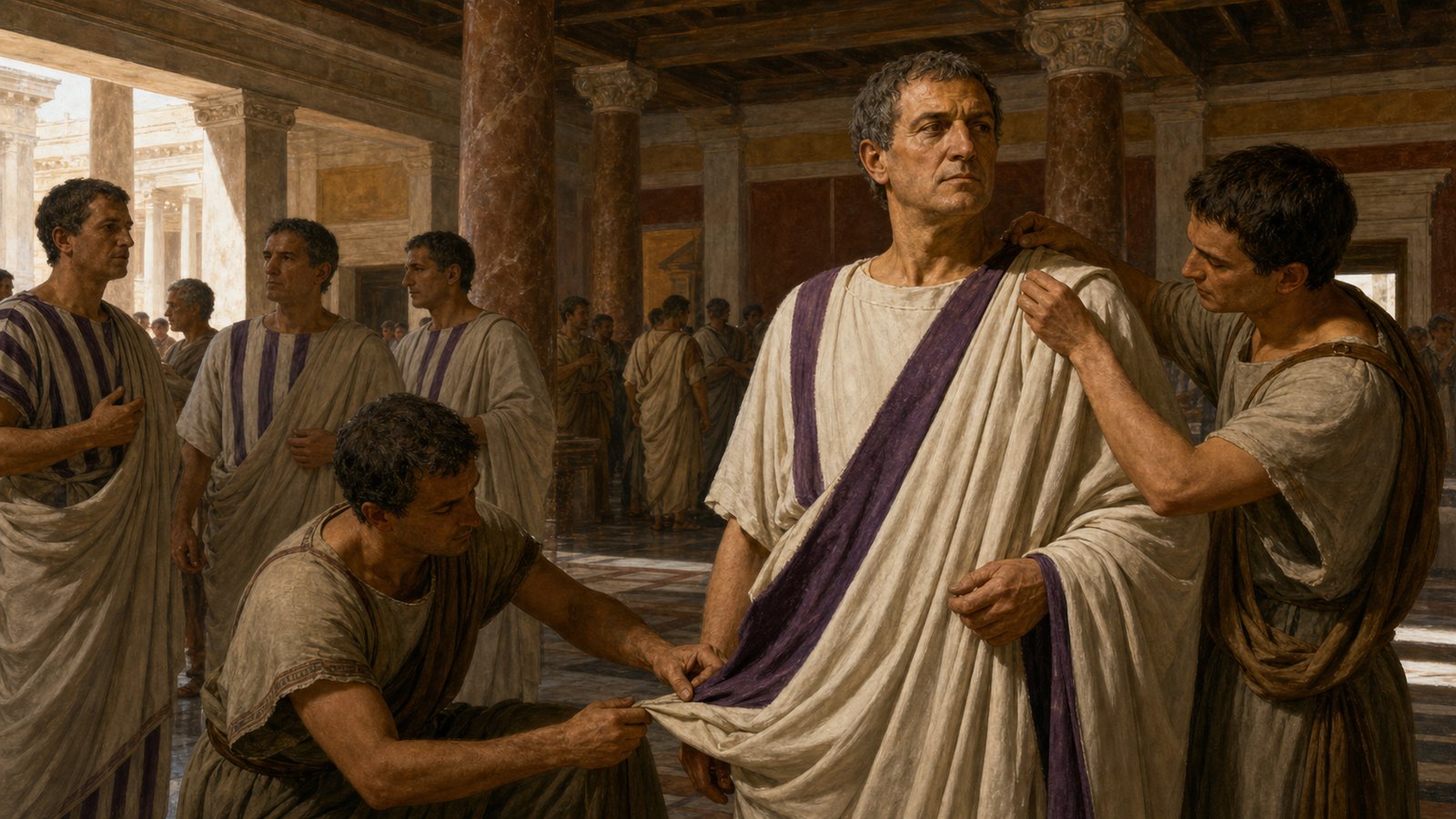 Broad and narrow purple tunic stripes made senatorial and equestrian rank visible at chest height.
