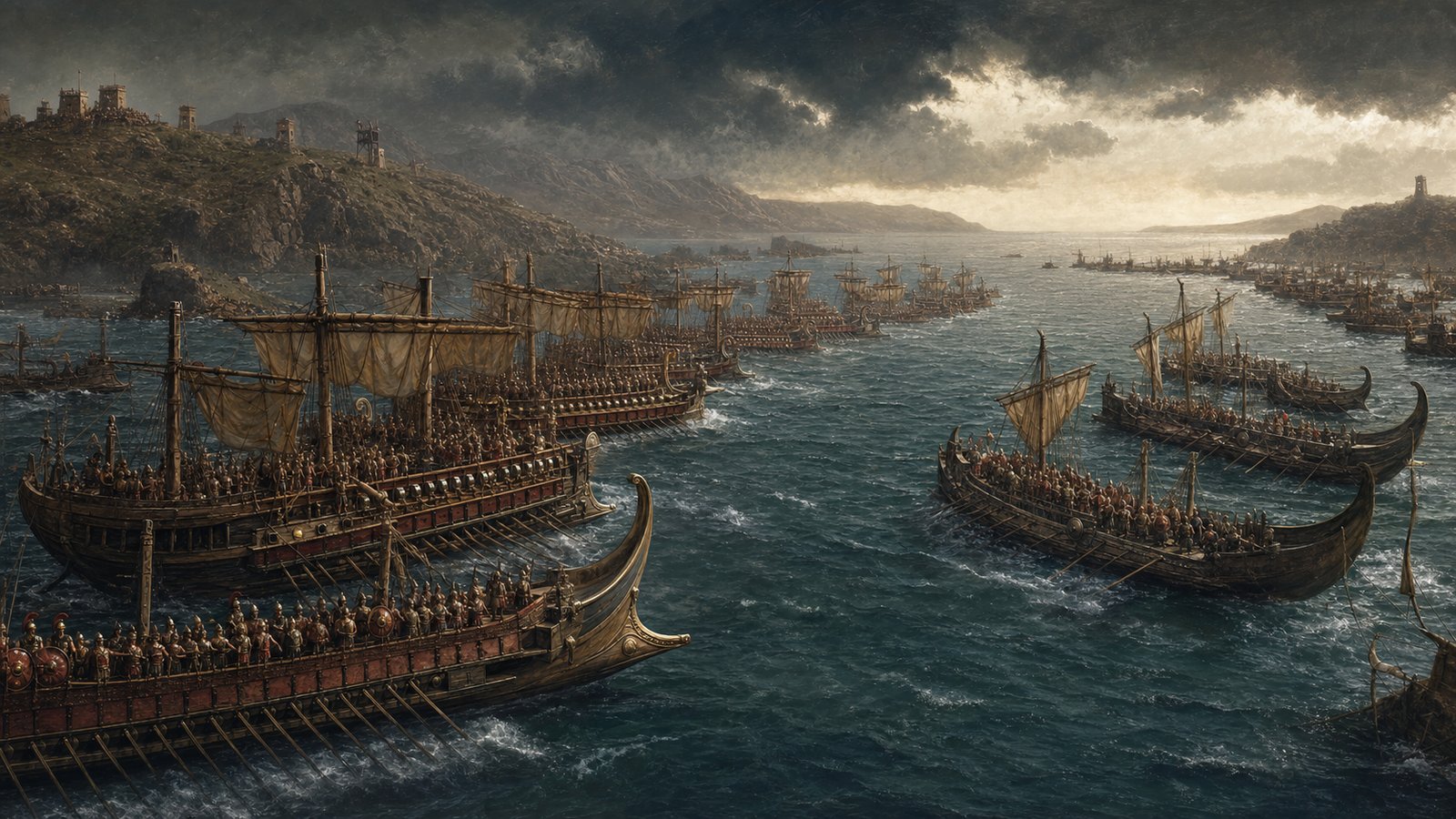 Two ancient fleets facing each other near the fortified camps at Actium