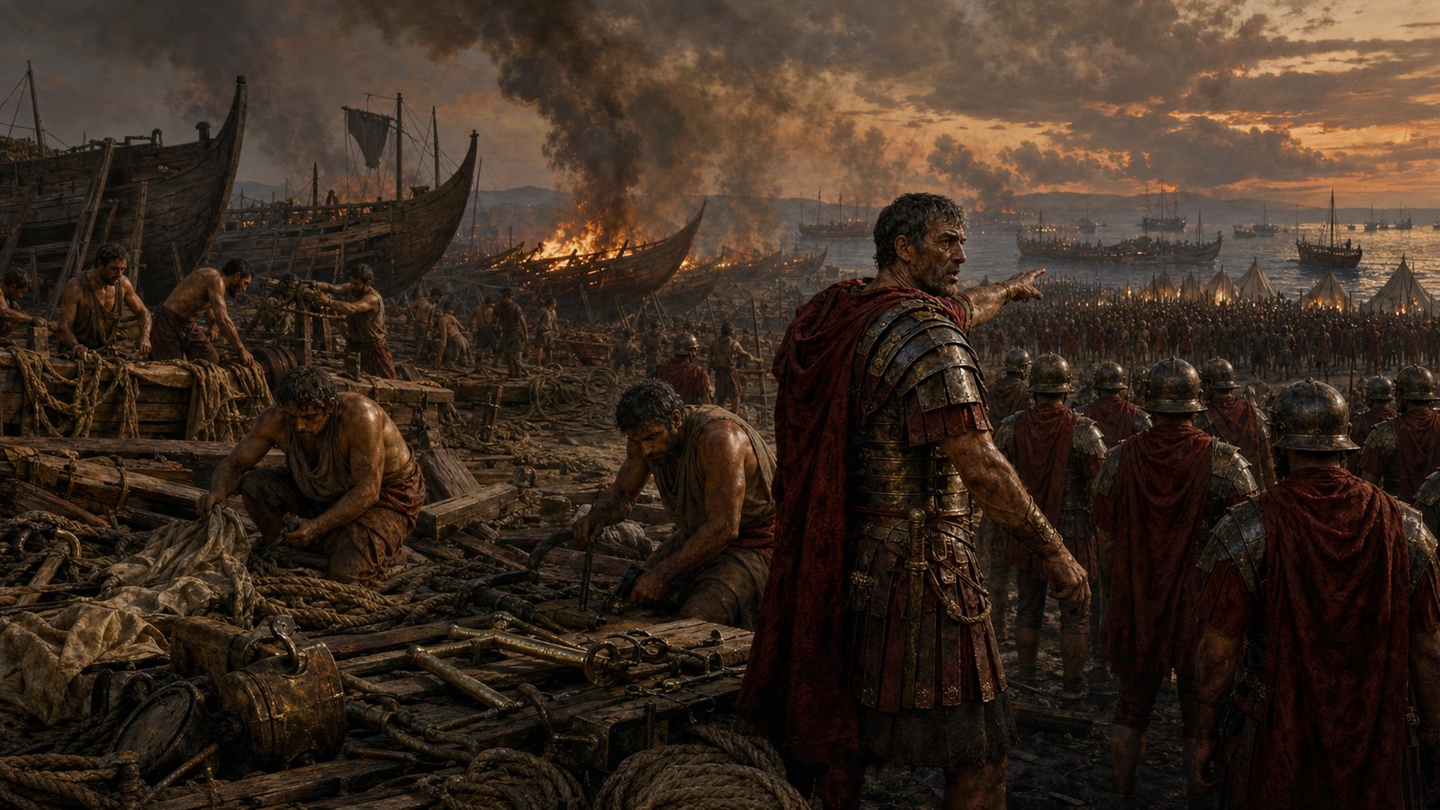 Ancient sailors and legionaries stripping and burning surplus warships before Actium