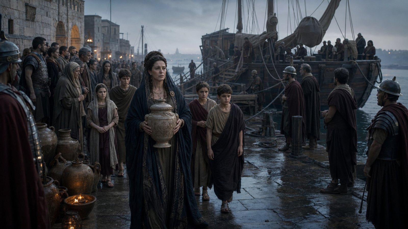 Agrippina the Elder disembarks at Brundisium carrying Germanicus’s funerary urn while her children and a waiting crowd follow in silence.