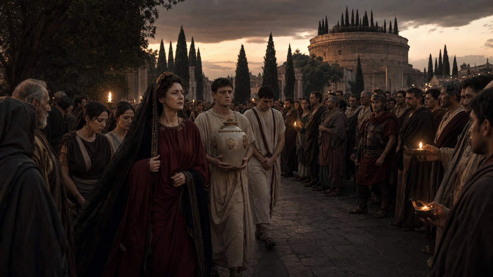 The urn approaches the Mausoleum of Augustus as Roman mourners turn a family burial into a public act of memory.