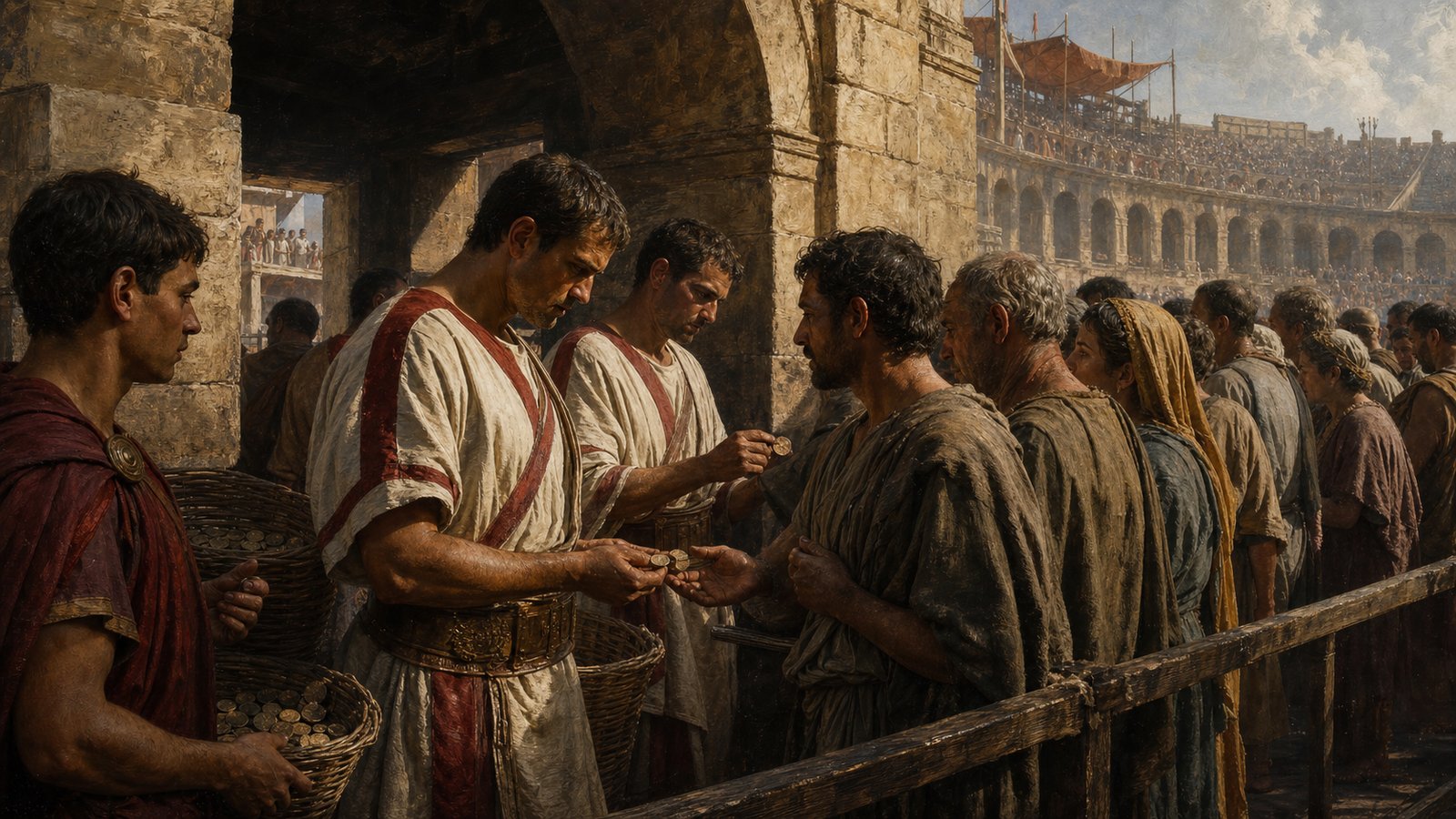 Attendants at a public entrance verify plain tokens before allowing people through.