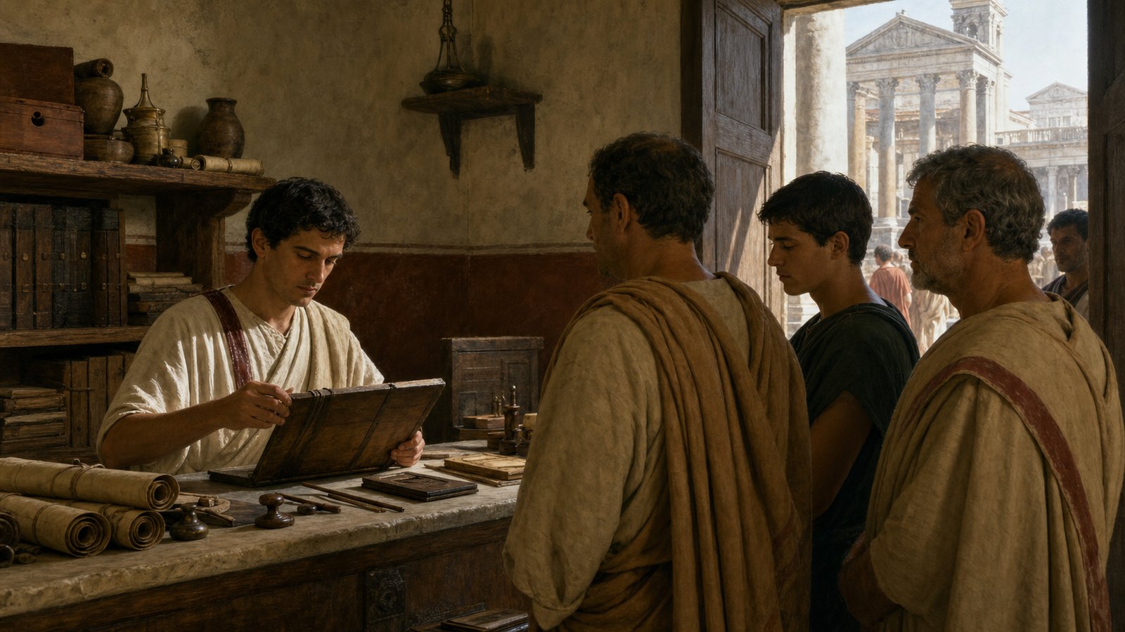 A Roman clerk checks a bound tablet while citizens wait at a public counter.