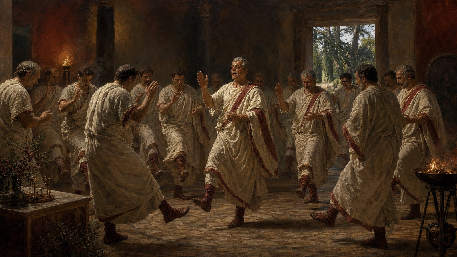 The Arval Brothers repeat the Carmen Arvale with a measured ritual dance inside the sanctuary of Dea Dia.