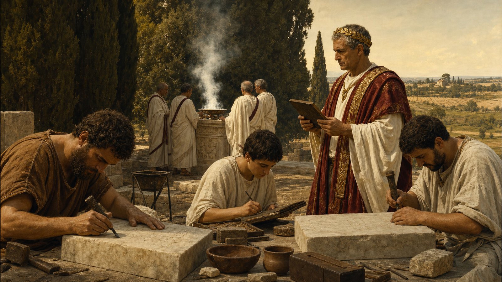 Priests and scribes preserve the annual acts of the Arval college while the sacred grove and cultivated land remain in view.