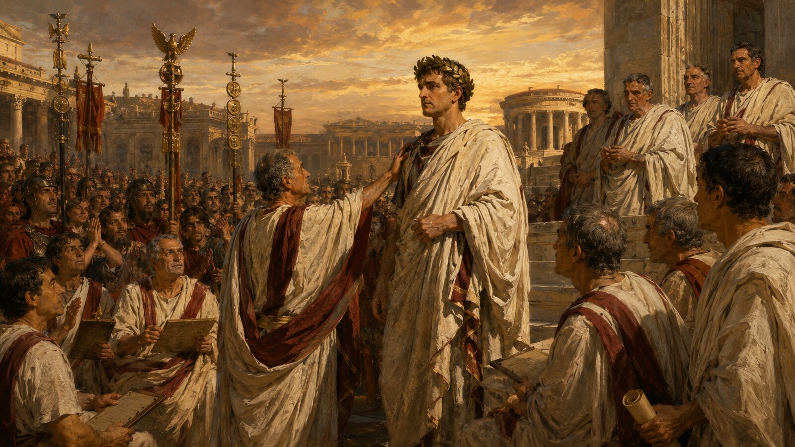 Augustus honored before Roman citizens and senators
