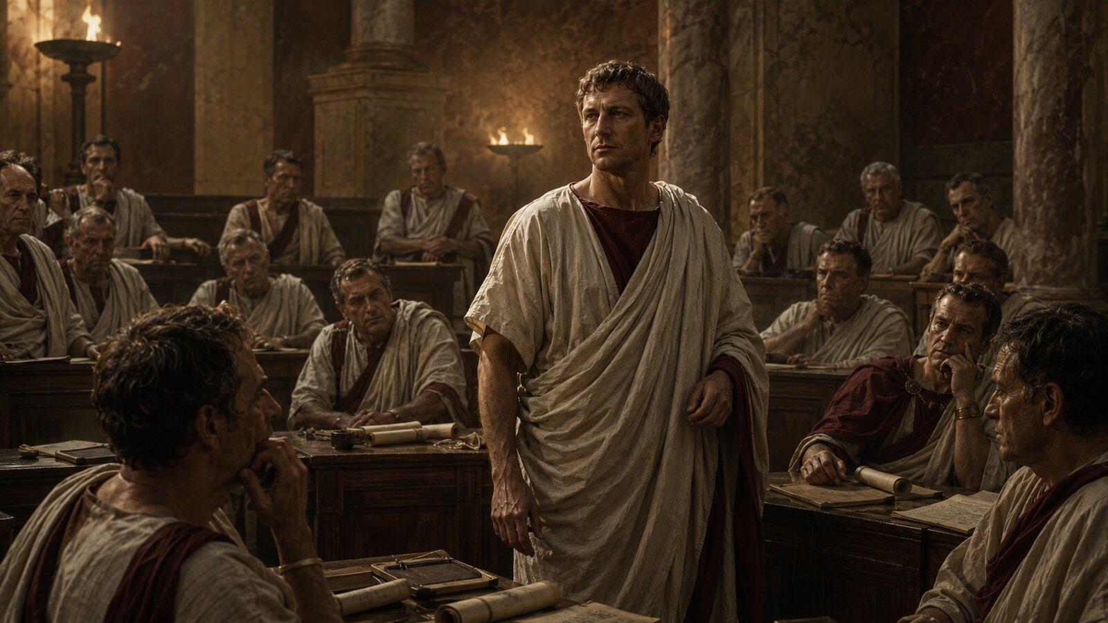 Augustus standing among senators in a Roman Senate chamber