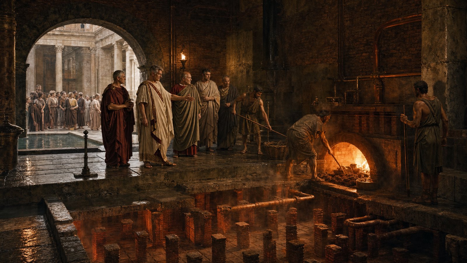 Roman patrons inspecting the furnace and hypocaust of a bathhouse