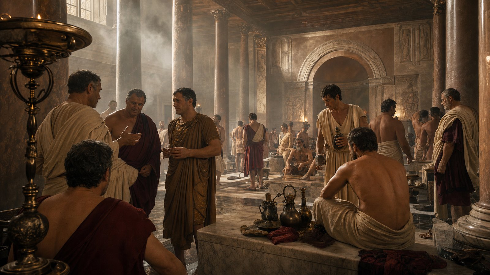 Romans of different ranks gathering inside a public bath complex