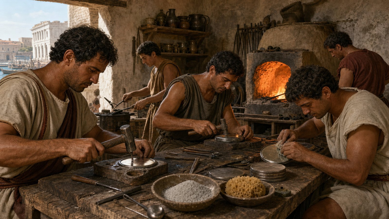 At Brundisium, a bright reflection began as alloy, heat, hammer blows, pumice, and practiced hands.