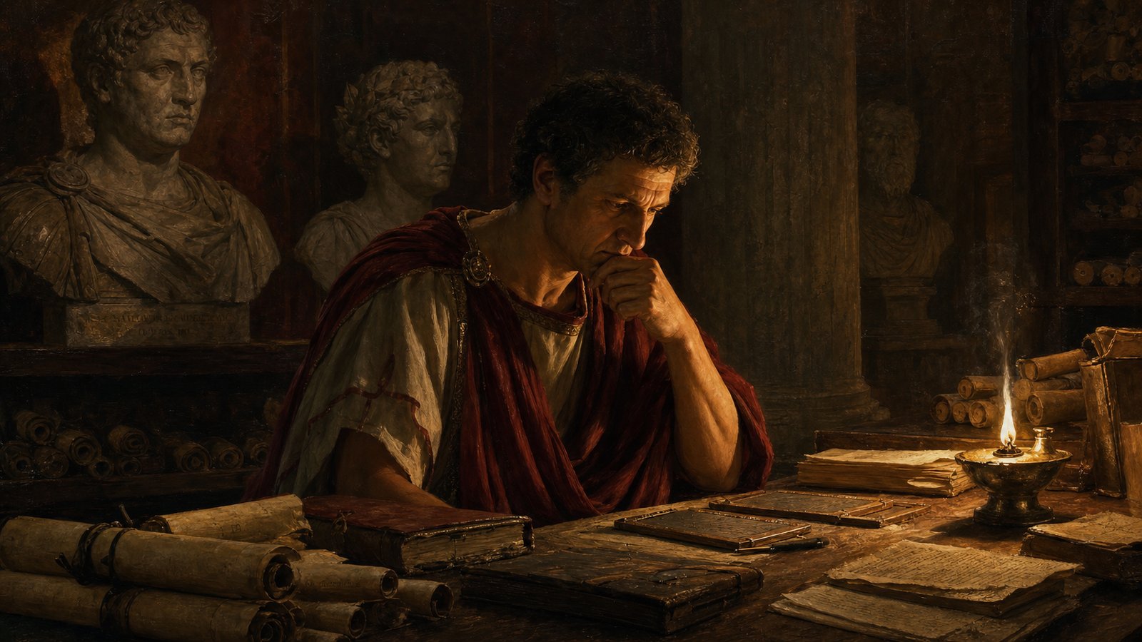 An ancient biographer choosing imperial anecdotes among scrolls and busts