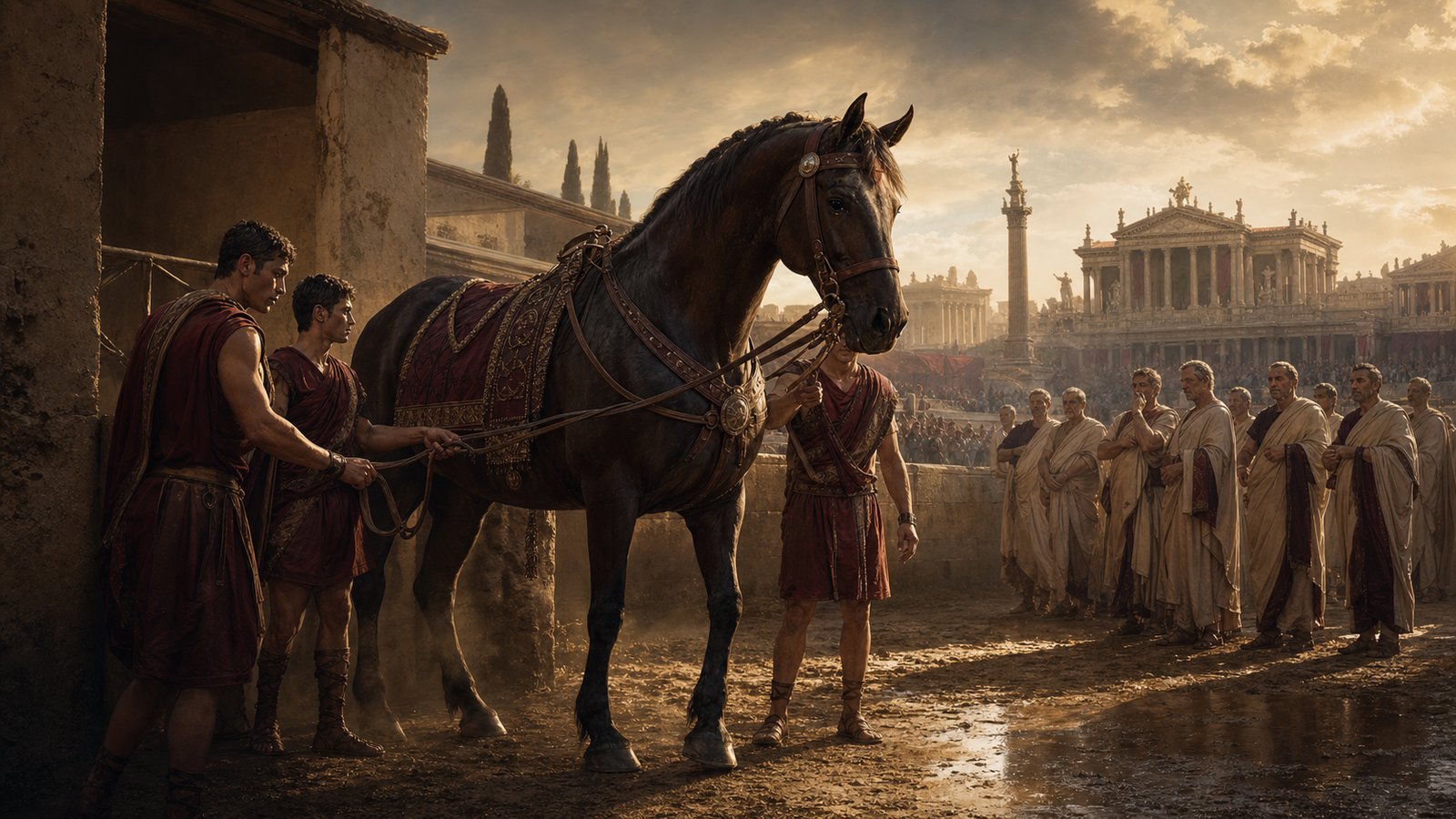 Incitatus led before Roman grooms and anxious observers