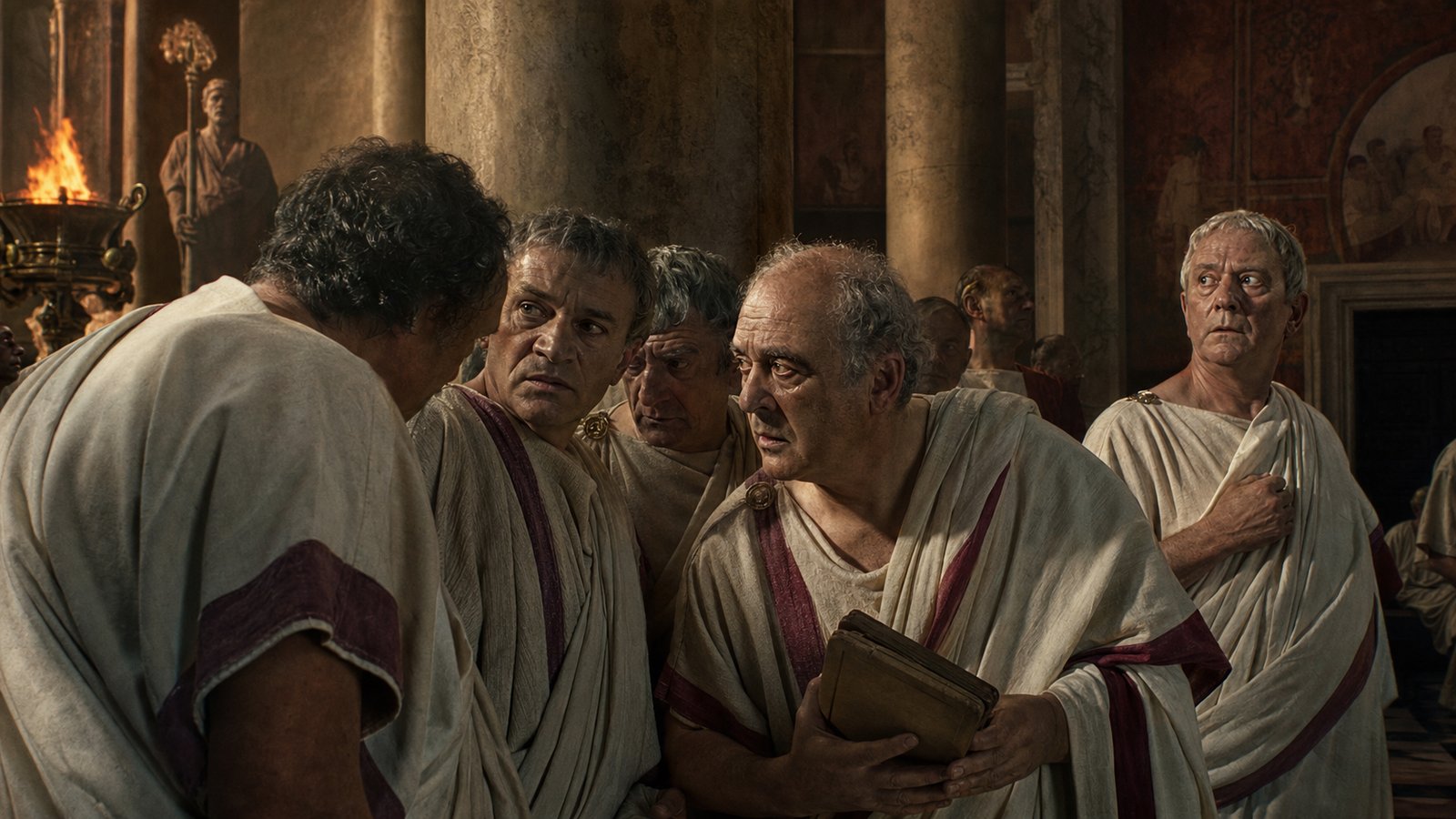 Roman senators whispering anxiously under Caligula