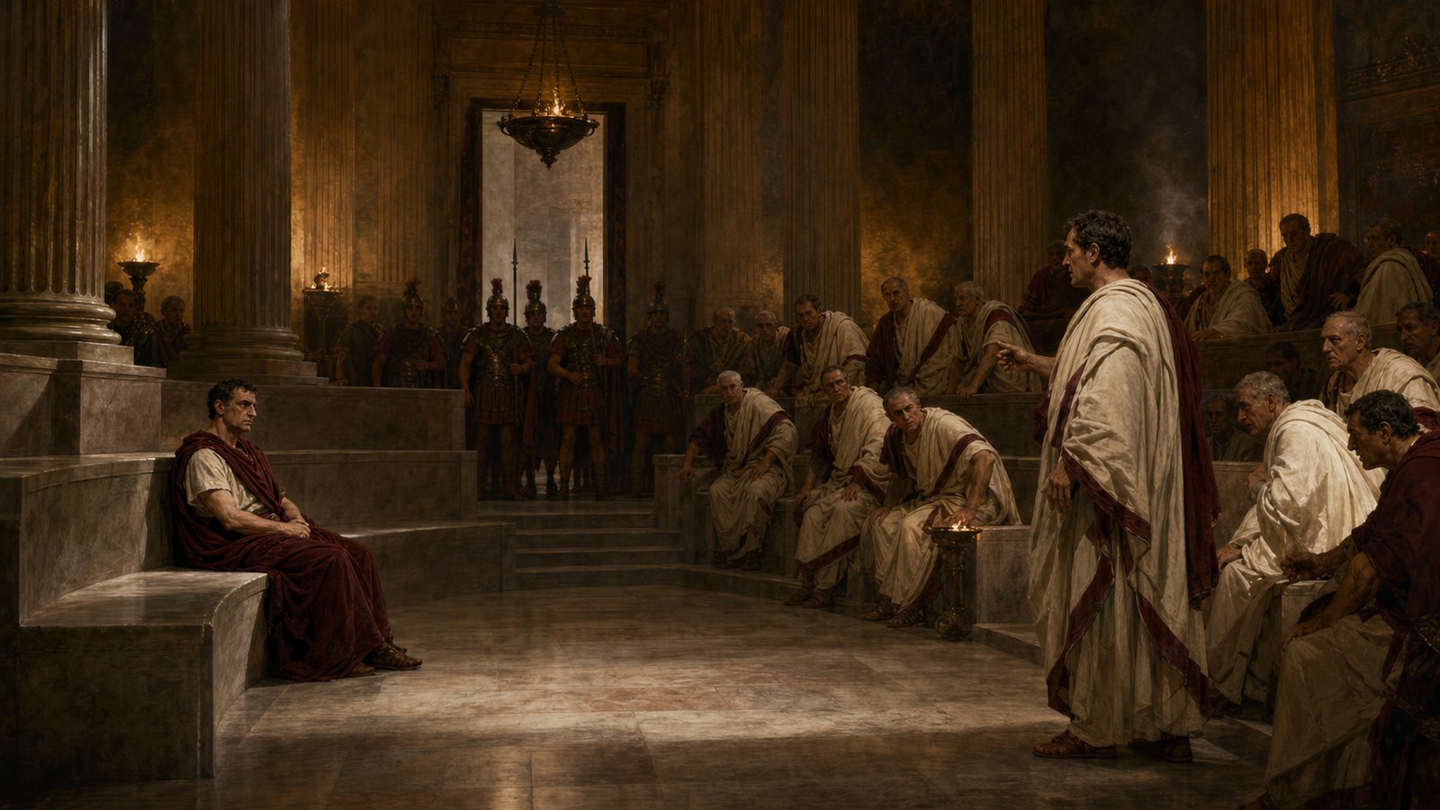 A guarded Senate meeting in the Temple of Jupiter Stator, with Catiline isolated on an empty bench as Cicero confronts him.