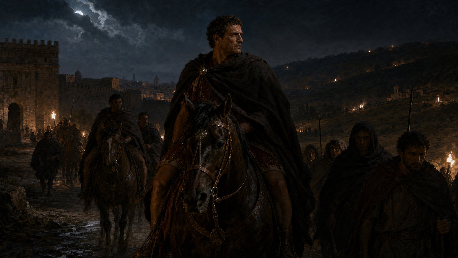Catiline leaves Rome by night toward the armed camp in Etruria, turning a senatorial accusation into open rebellion.