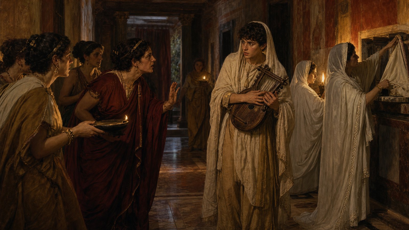 Women at the Bona Dea festival turn toward the disguised lute-player whose voice has exposed him inside Caesar’s house.