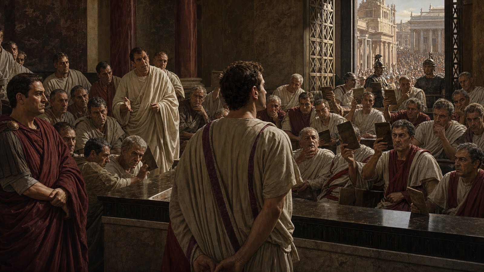 Clodius faces a divided and pressured jury after Cicero’s testimony broke his claim that he had not been in Rome.