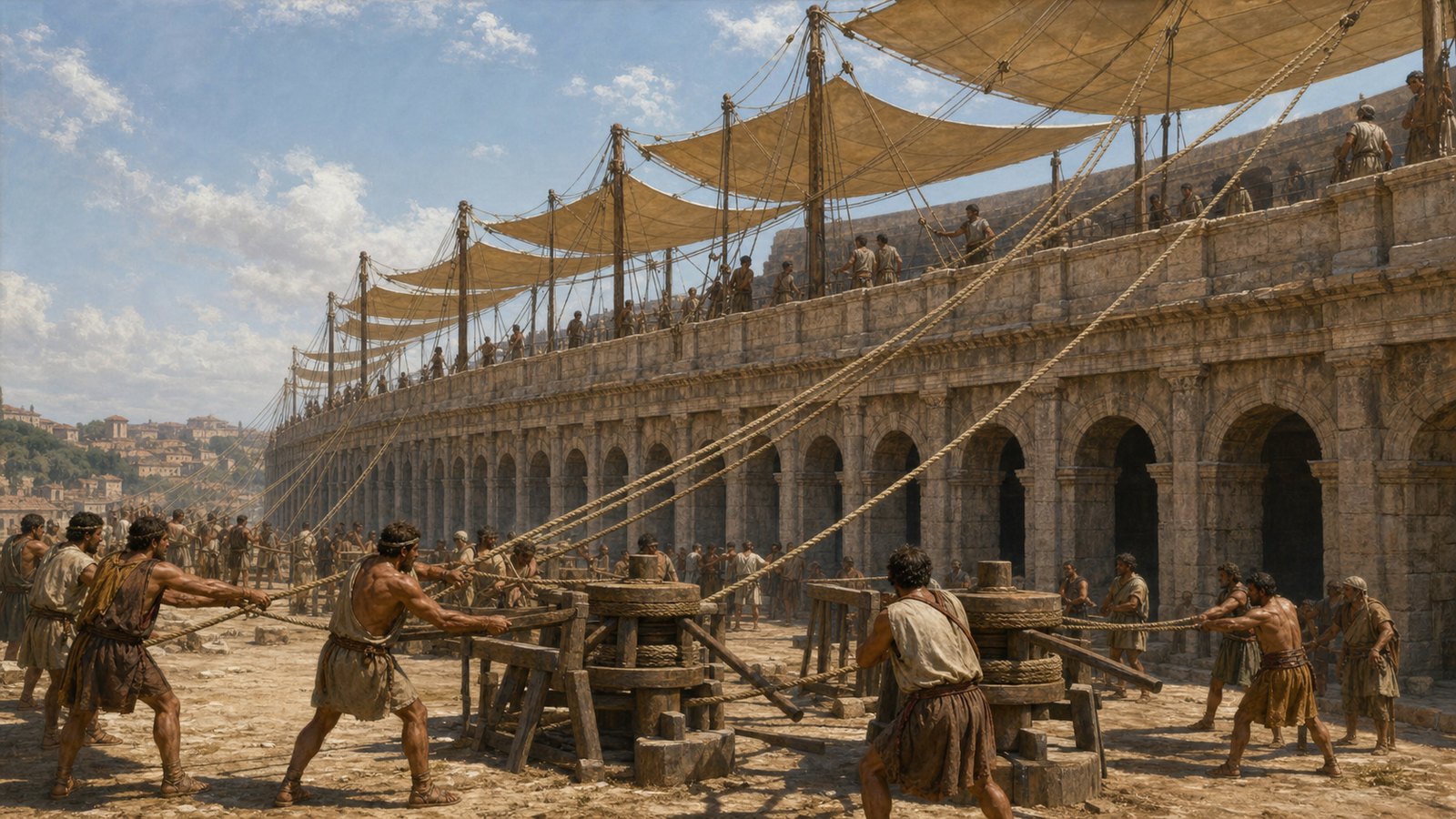Sailors and hauling teams turned the Colosseum’s upper rim into a ring of masts, ropes, capstans, and controlled tension.