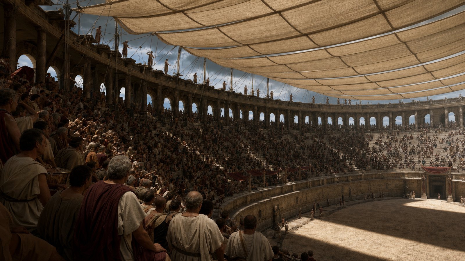 The velarium offered moving, partial shade: a weather-sensitive canopy rather than a permanent roof over the arena.