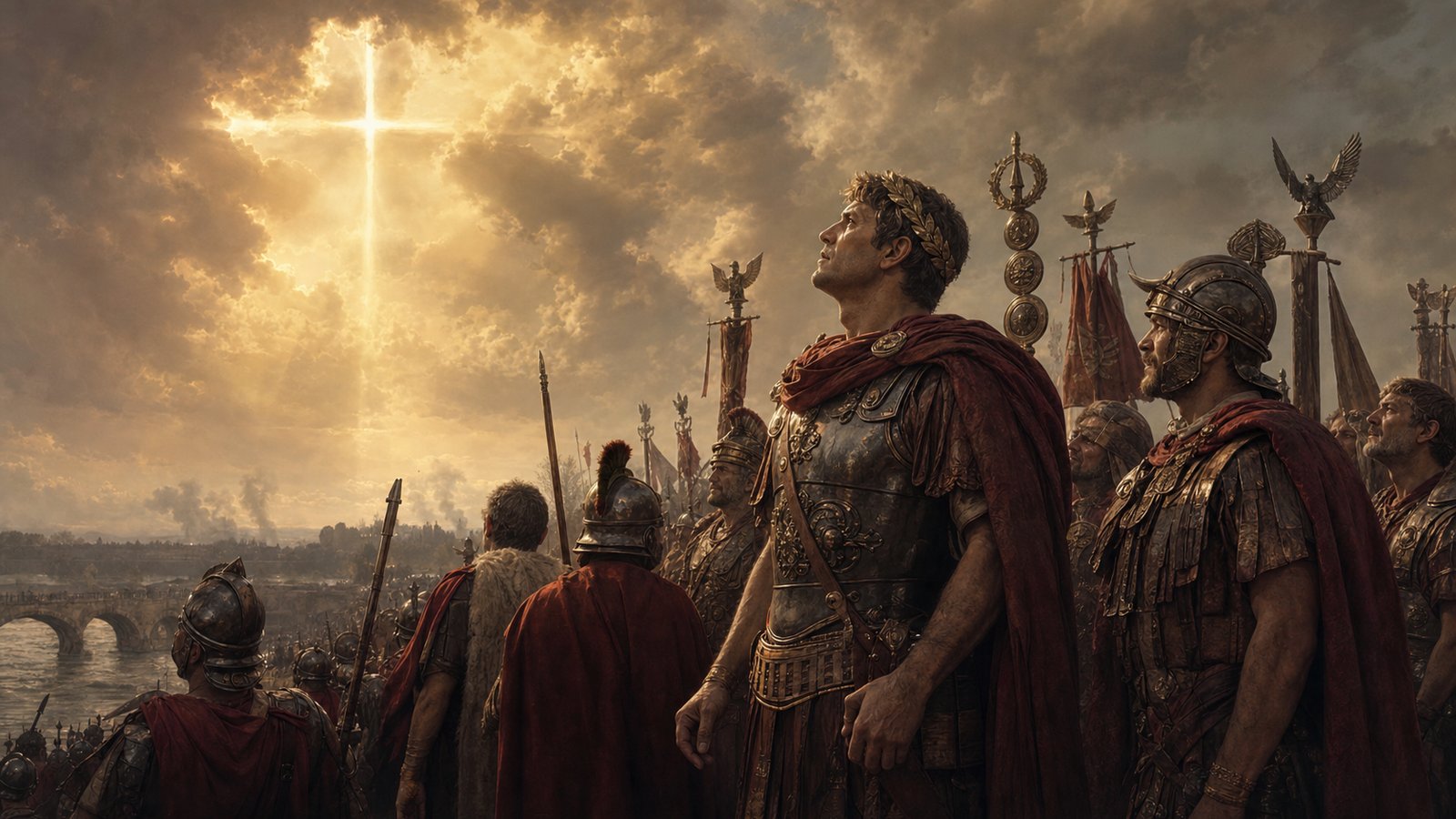 Constantine and soldiers before the Milvian Bridge under a sign in the sky