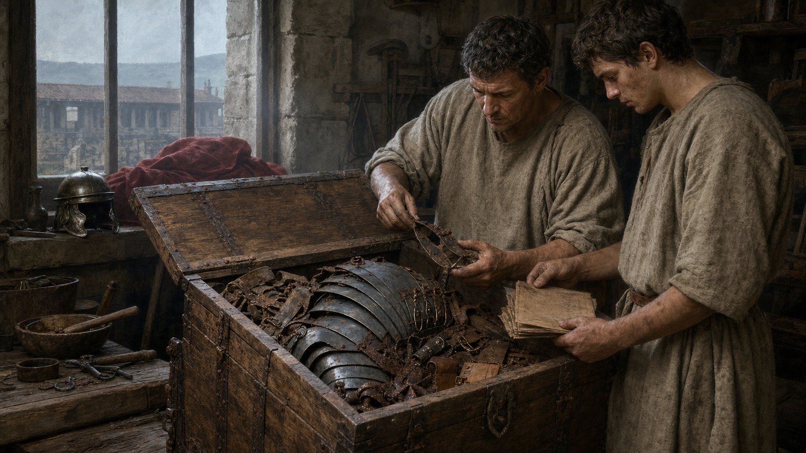 The iron-bound Corbridge chest opened beside the principia road, revealing curved armour plates, tools and writing materials packed together.
