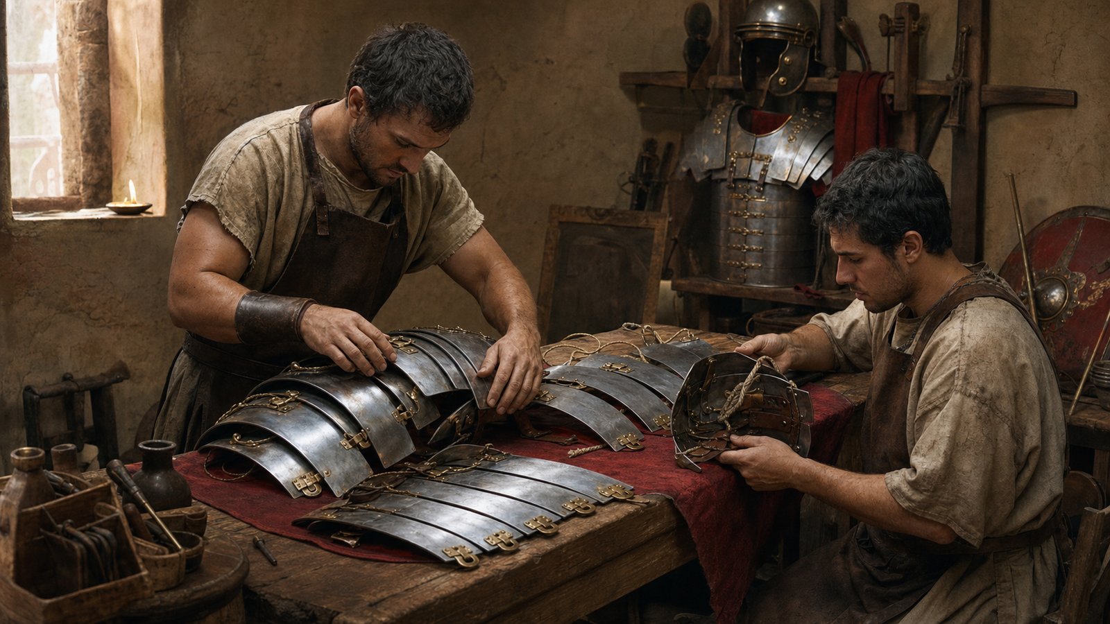 Conservators study overlapping lorica segmentata plates and the mineralised traces of leather that fixed their hidden connections.