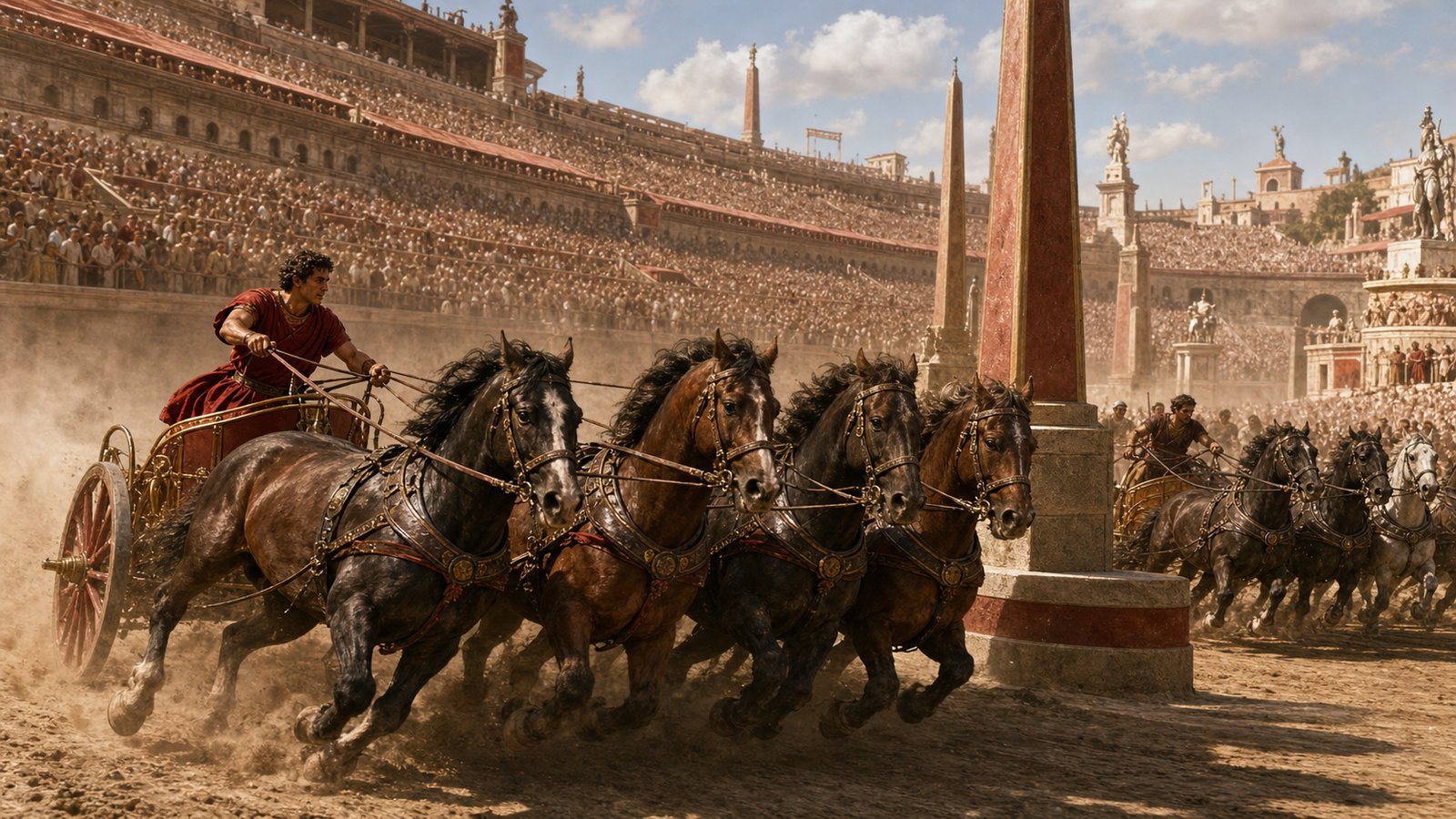 A Roman charioteer in a red tunic controls four horses around the Circus Maximus turning posts