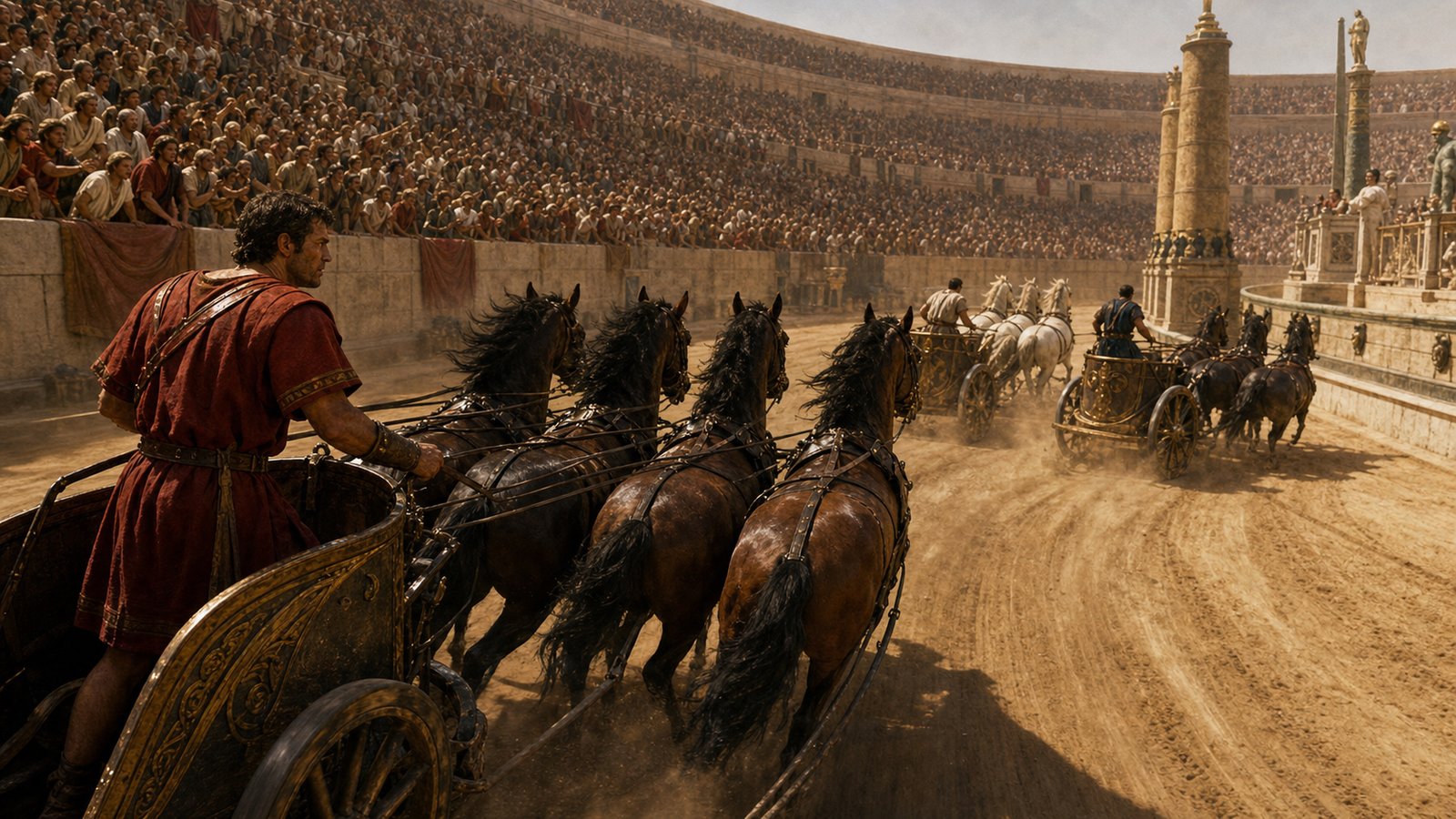A veteran charioteer holds his team behind two rivals before accelerating late in a crowded Roman circus