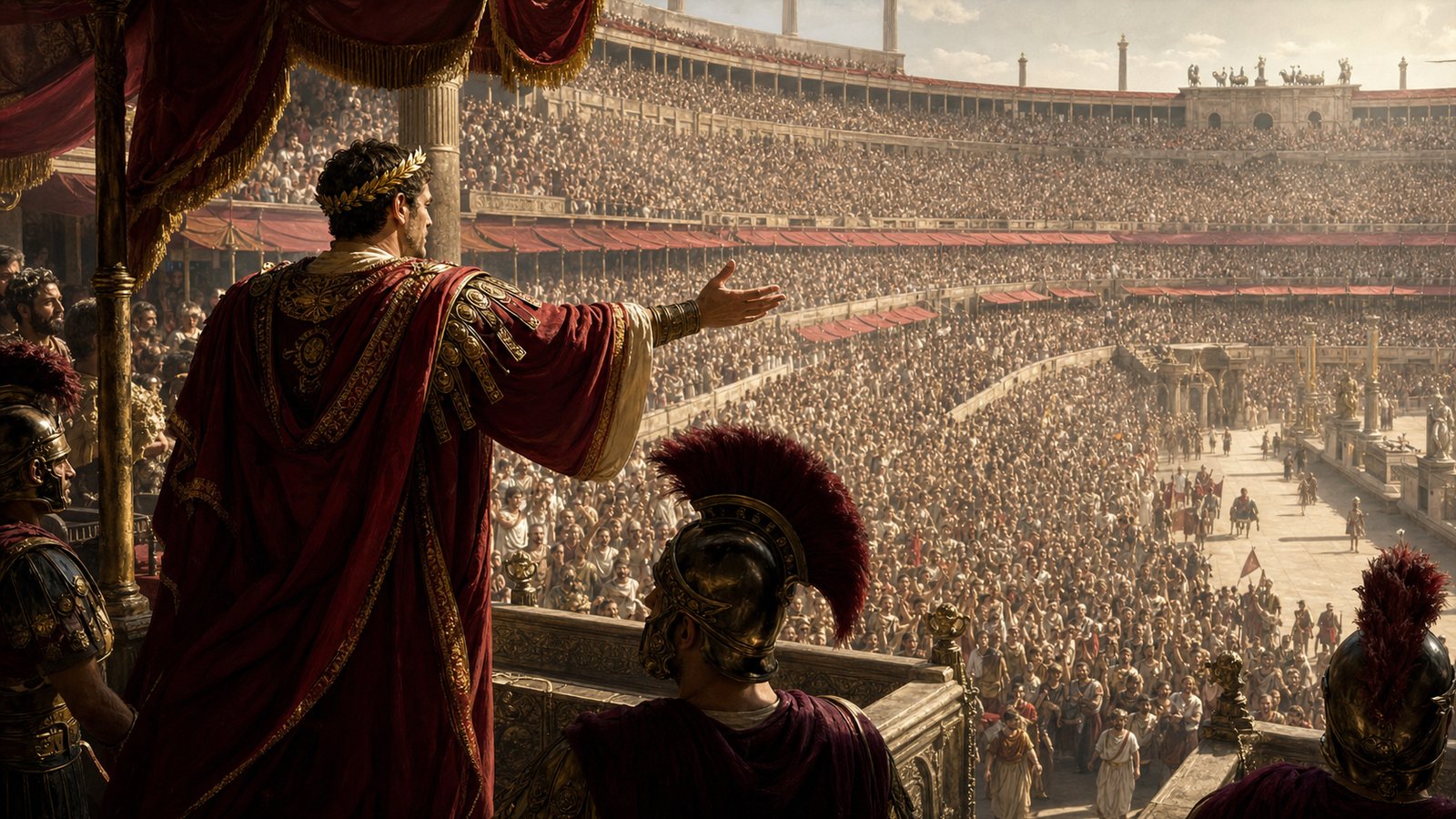 A Roman emperor facing a vast arena crowd