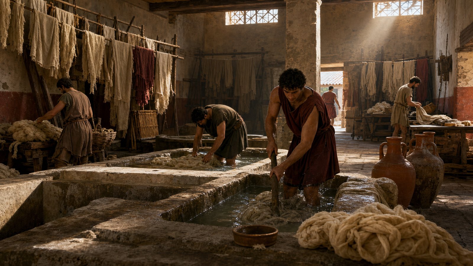 Workers tread and finish cloth in a Pompeian fullery, the physical trade connected to the fullers who honored Eumachia.