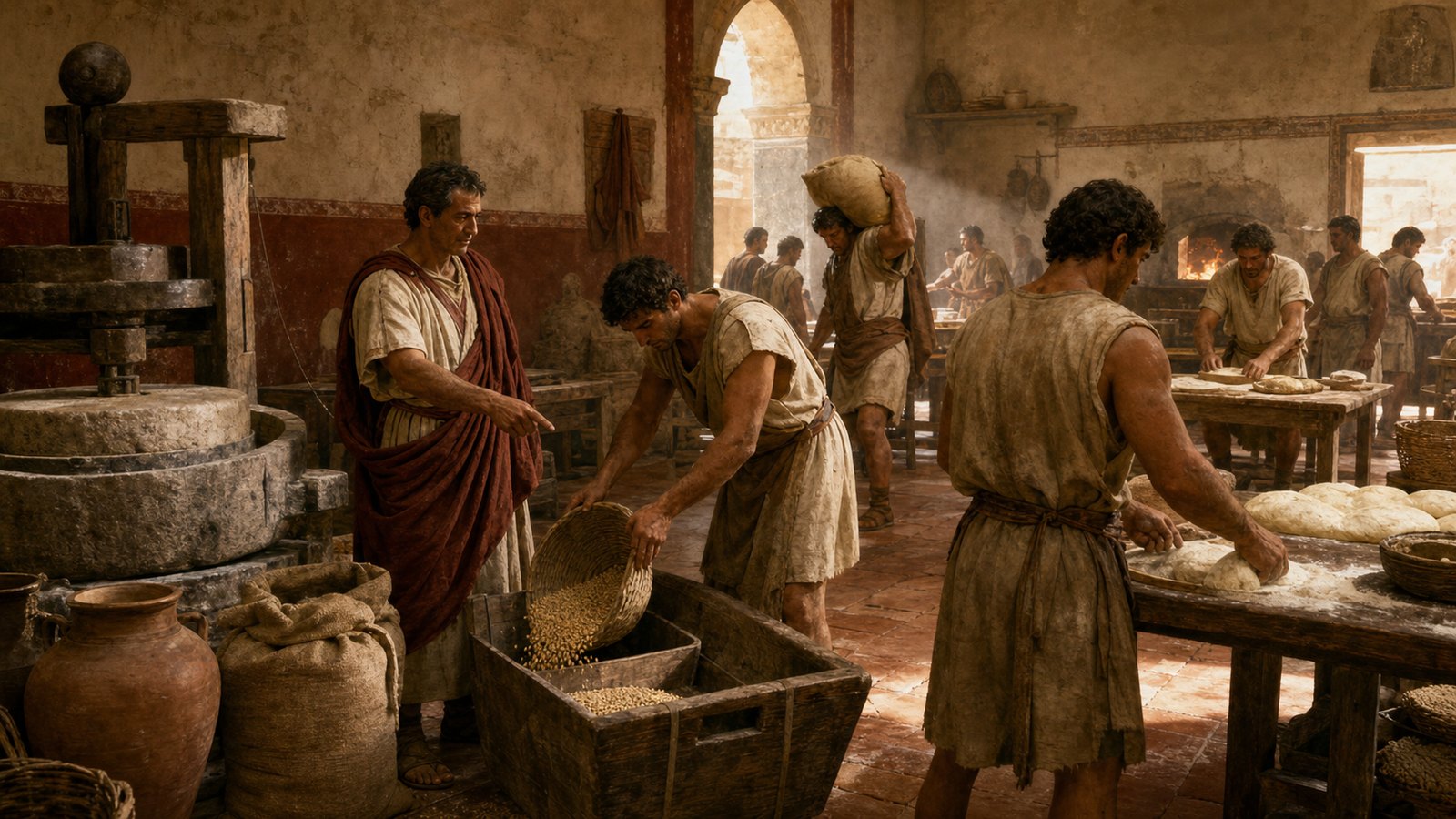 Eurysaces directing workers who measure grain beside monumental bakery machinery
