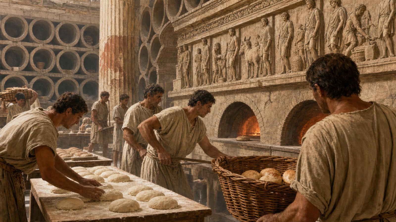Roman bakery workers shaping loaves and carrying bread baskets beneath a carved funerary frieze