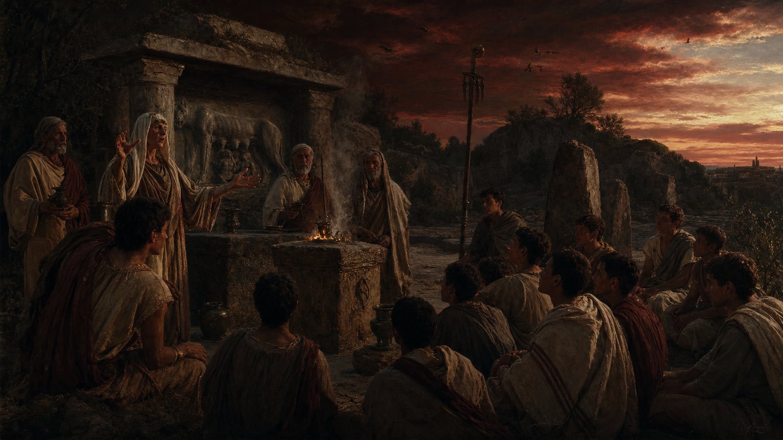 Romans listening to priests recount the foundation myth beside a shrine