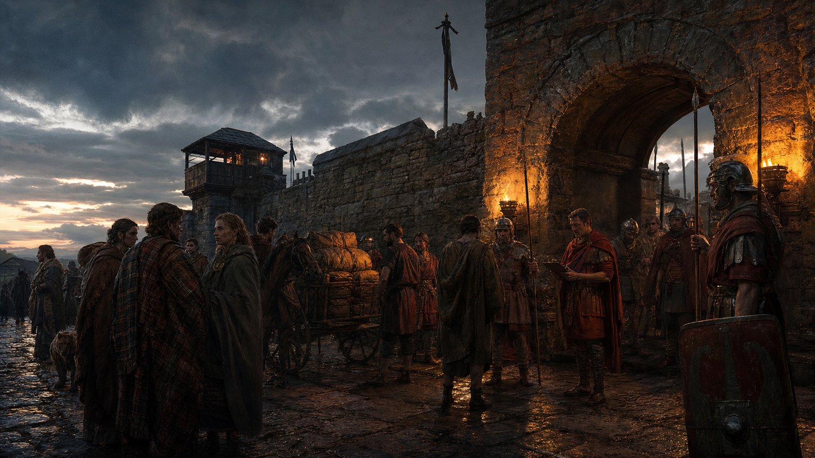 Roman auxiliaries and local Britons meeting at a torchlit frontier gate near Hadrian's Wall