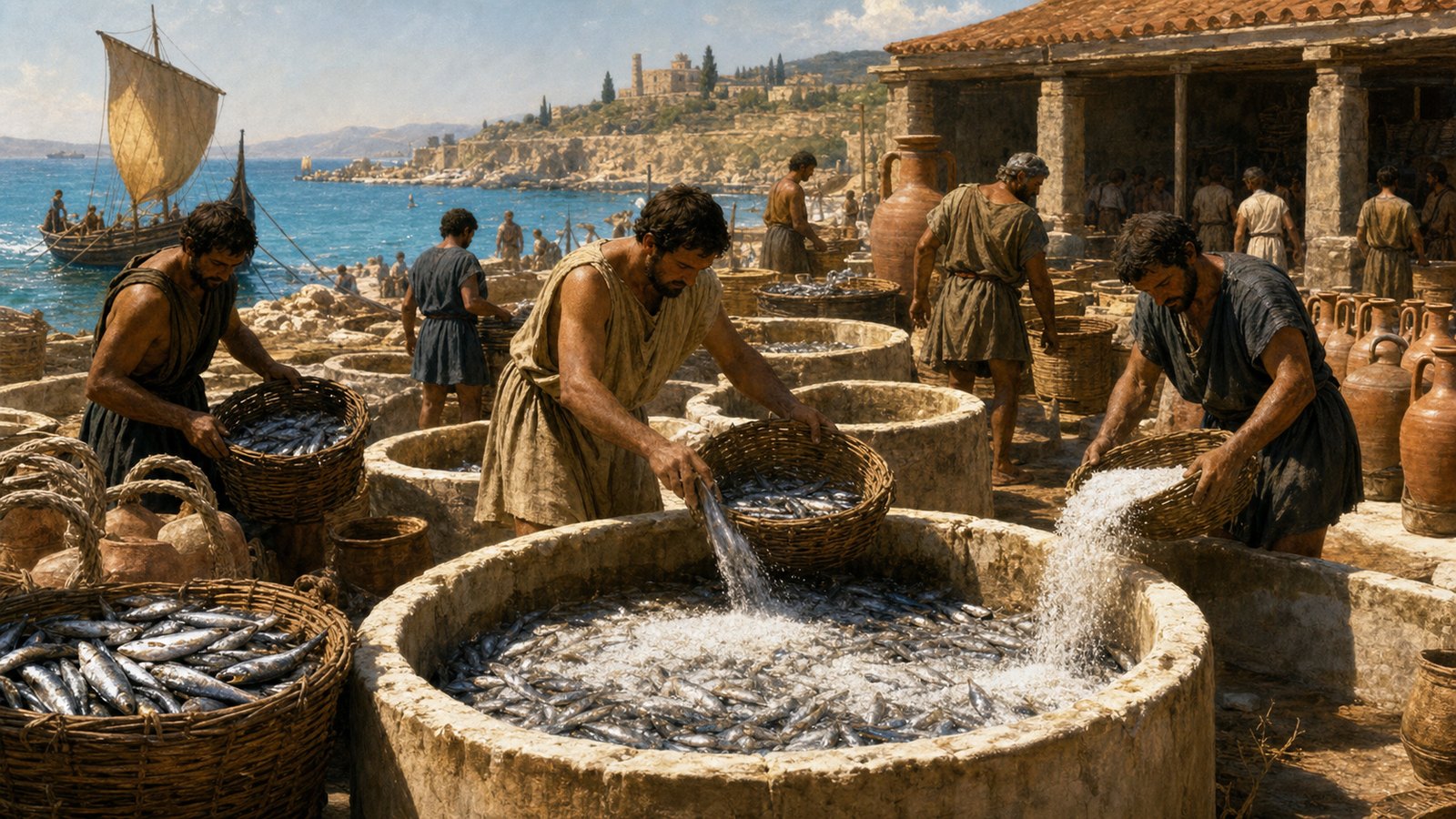 At a coastal processing yard, fish, salt, sun, and waterproofed vats turned a perishable catch into a portable sauce.