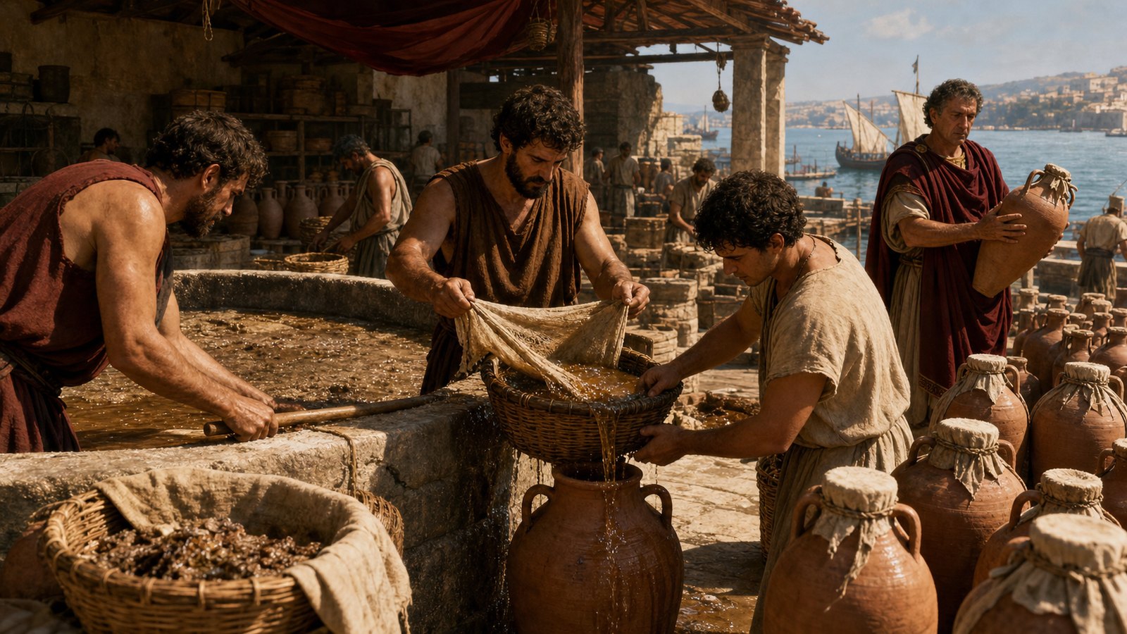 After fermentation, workers strained clear liquid from thicker allec before garum entered amphorae for trade.