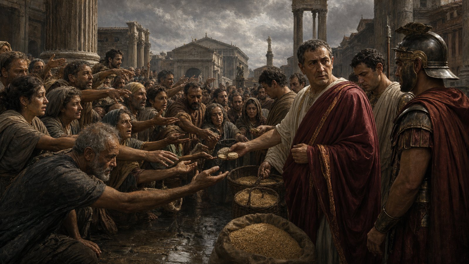 Roman crowd receiving grain under the eyes of officials and soldiers
