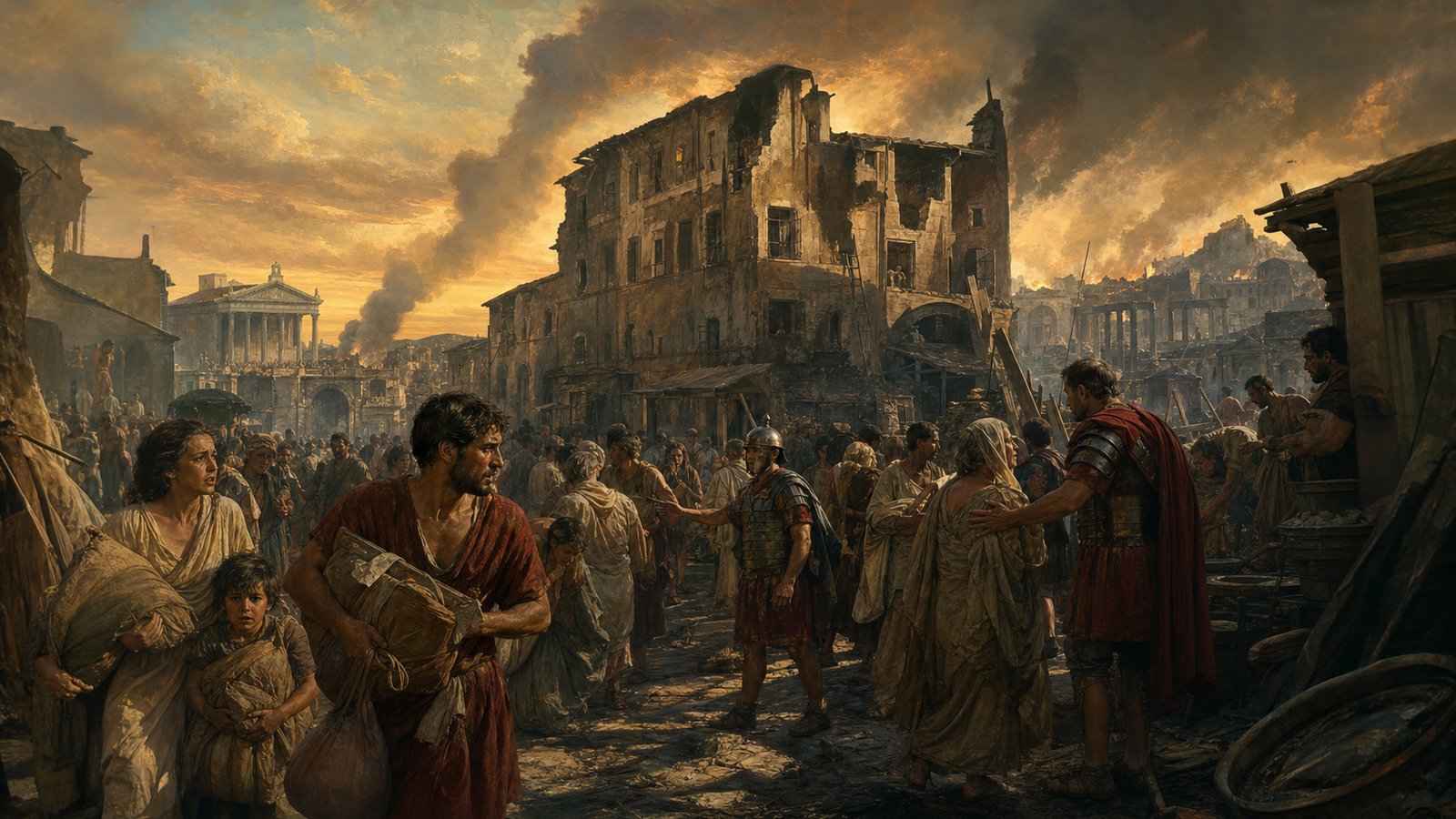 Romans moving through the smoky ruins after the Great Fire of Rome