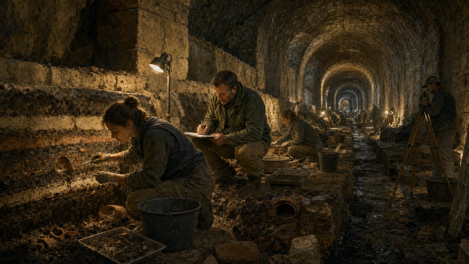 Archaeologists work by lamplight along the long masonry sewer beneath Herculaneum, recording layered deposits and the buildings above rather than staging a treasure hunt.