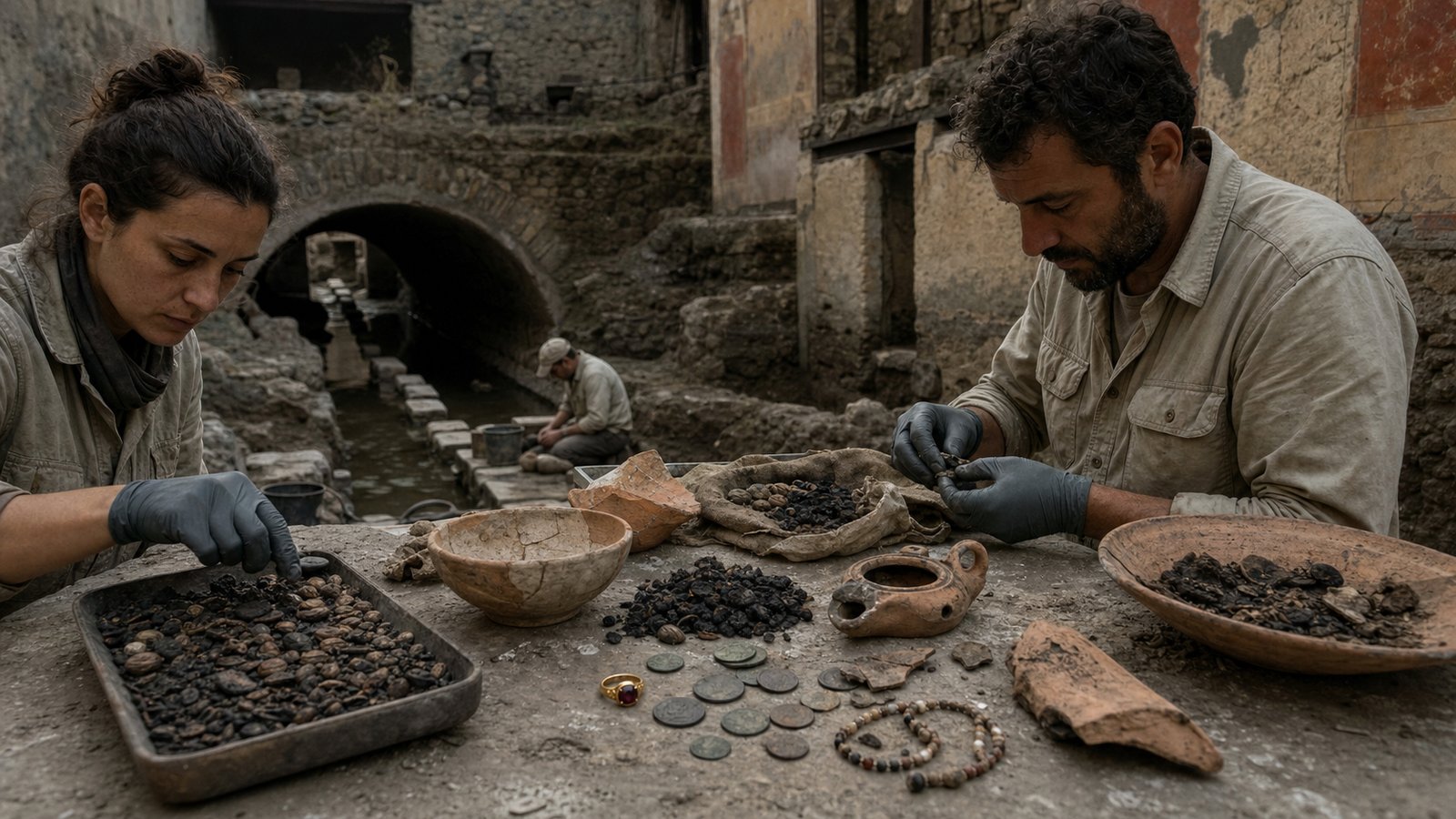 A careful excavation table beside the Cardo V tunnel separates seeds, pottery, coins, beads and a gemstone ring while a plan maps each find to shops and apartments overhead.
