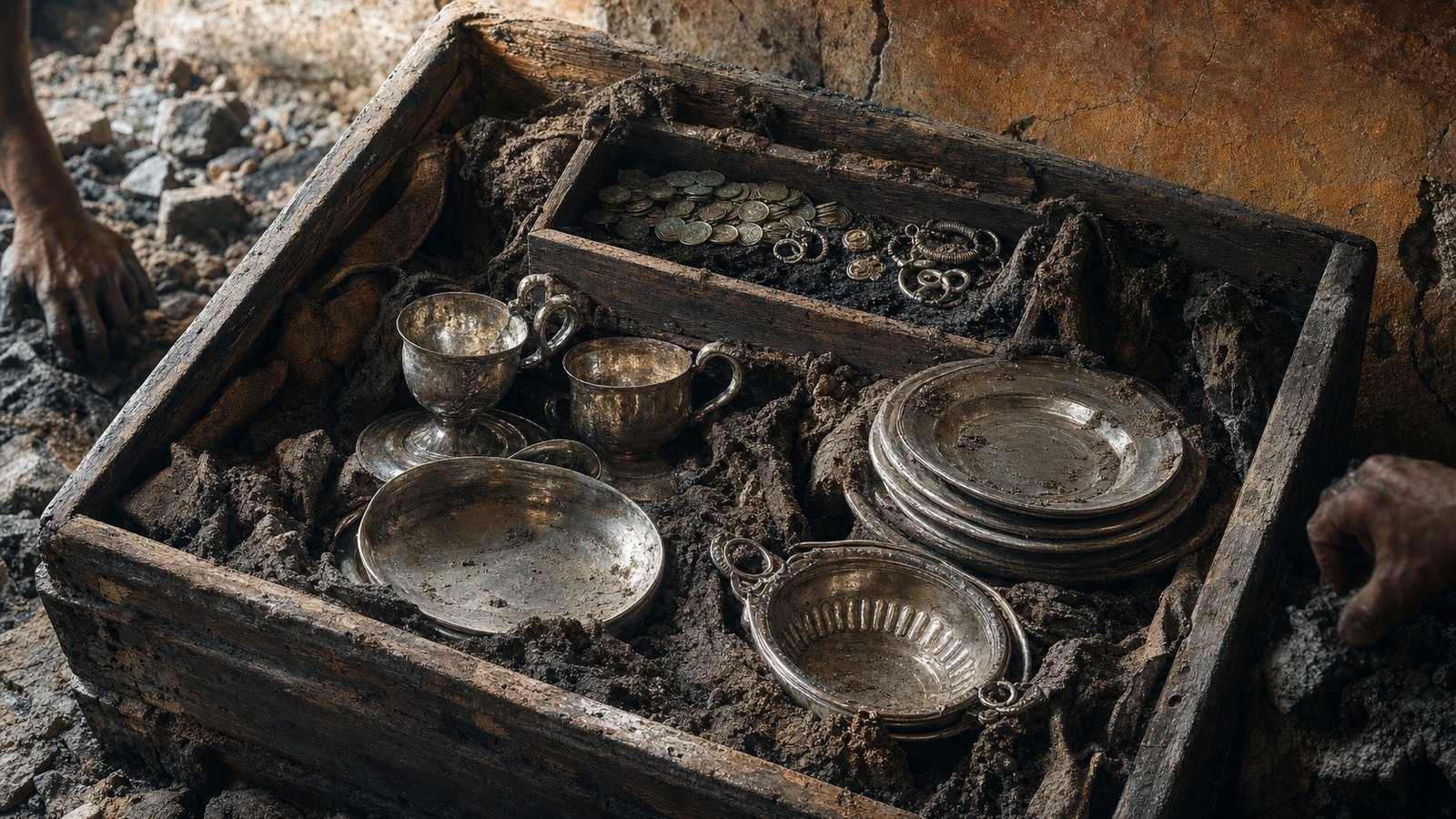 Wrapped silver vessels fill the lower compartment of the wooden cellar chest while a smaller jewellery-and-coin box rests above them.