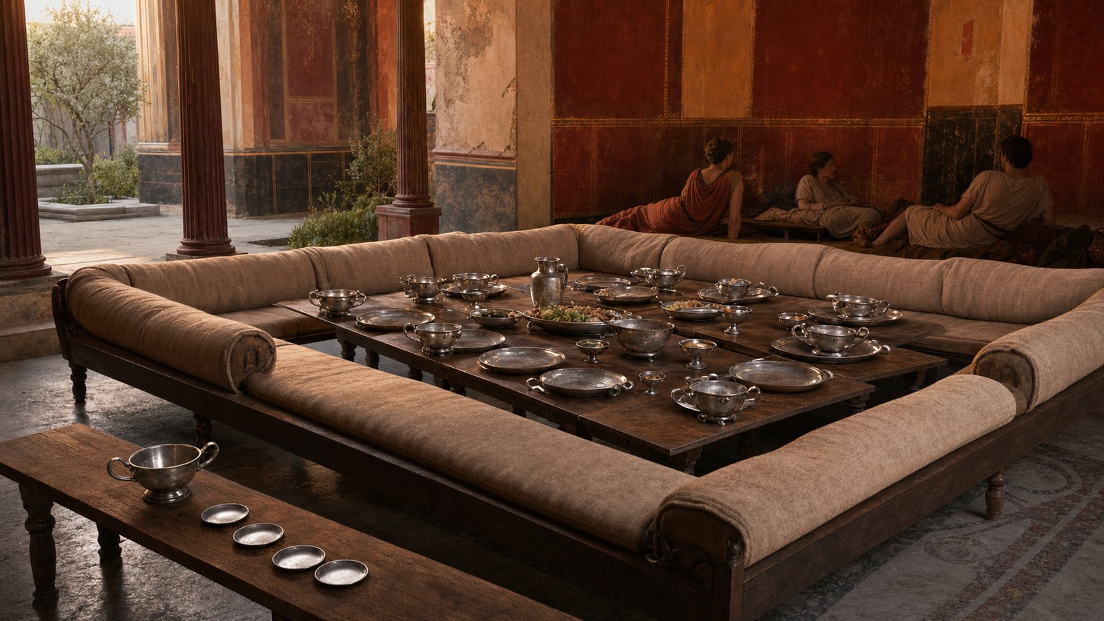 Eight dining places are arranged from paired cups, grouped plates and shared serving vessels, with unmatched pieces left visible rather than forced into symmetry.