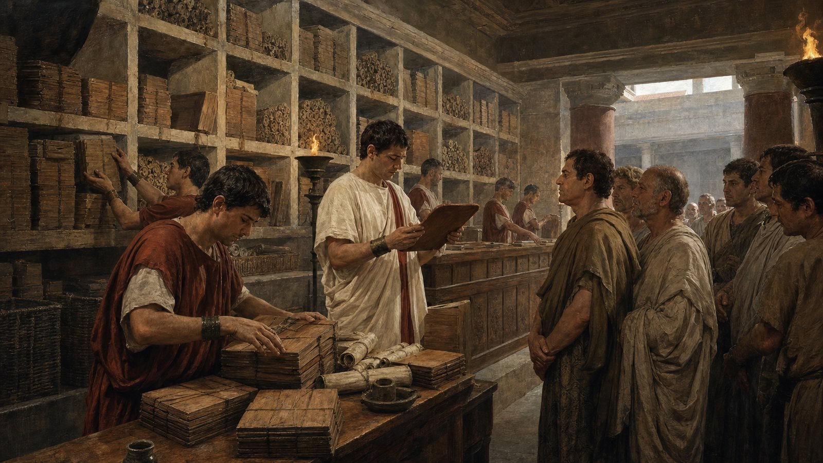 A public archive turned memory into a place: steps, shelves, tablets, clerks, and citizens waiting for records.