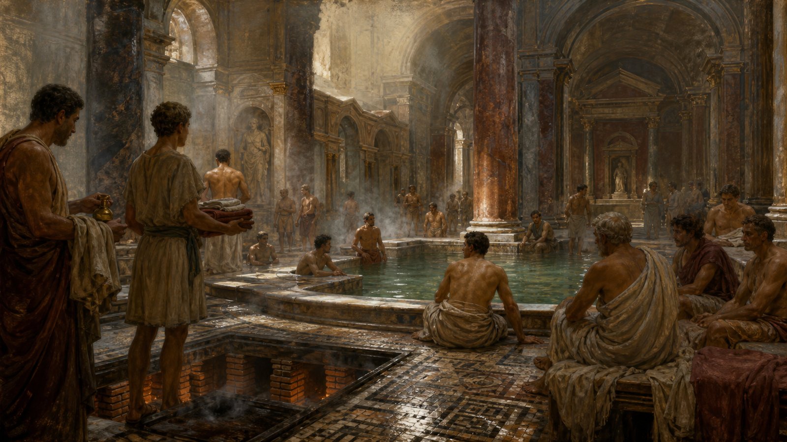 Roman baths made cleanliness social by gathering bodies, steam, attendants, water, and conversation in one public routine.