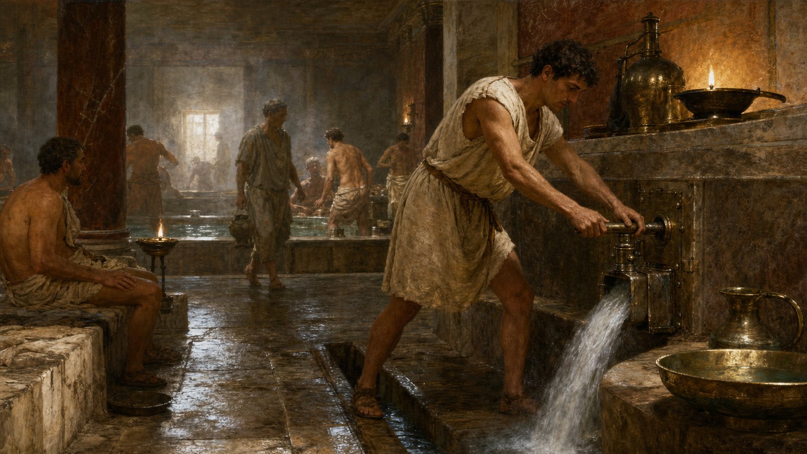 A bath worked only when channels, heat, basins, attendants, and shared habits kept the water world moving.