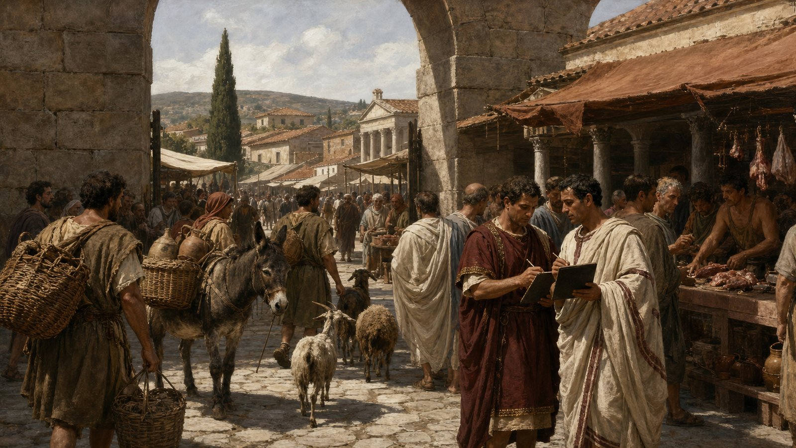 Nundinae brought rural sellers, town buyers, measures, officials, and gossip into one recurring public morning.