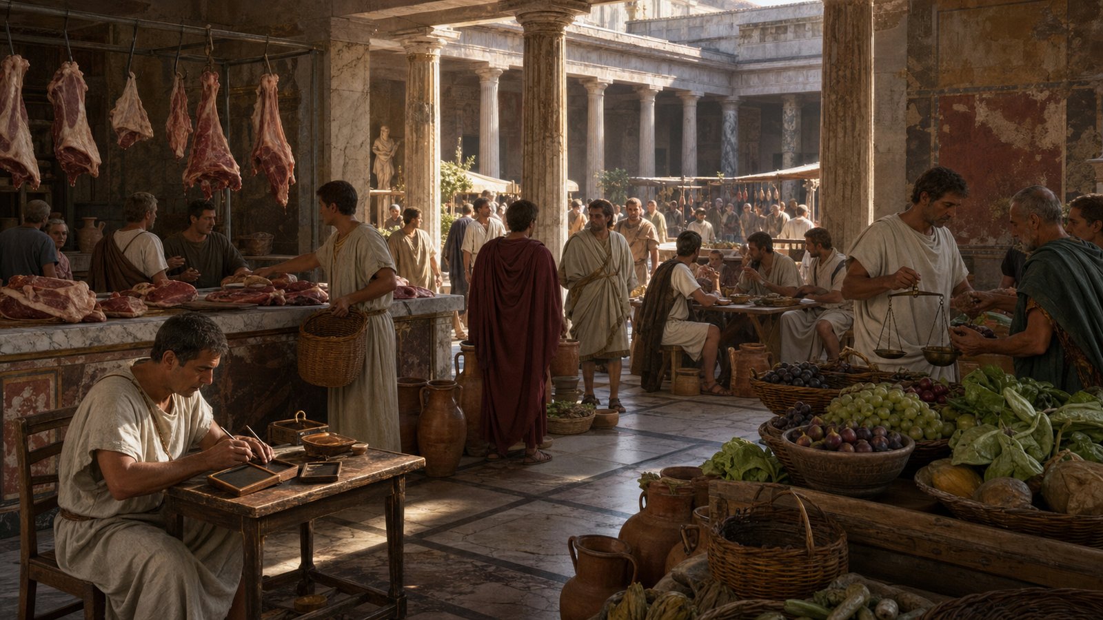 The macellum made food trade visible, but the market day also carried prices, rumors, obligations, and news.