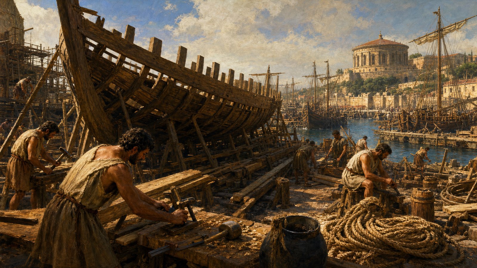 A navalia made naval readiness visible through hulls, timber, ropes, tools, and workers gathered by the water.