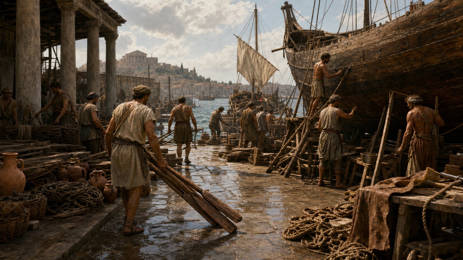 Ship sheds turned sea power into maintenance: caulking seams, carrying oars, repairing hulls, and storing gear.